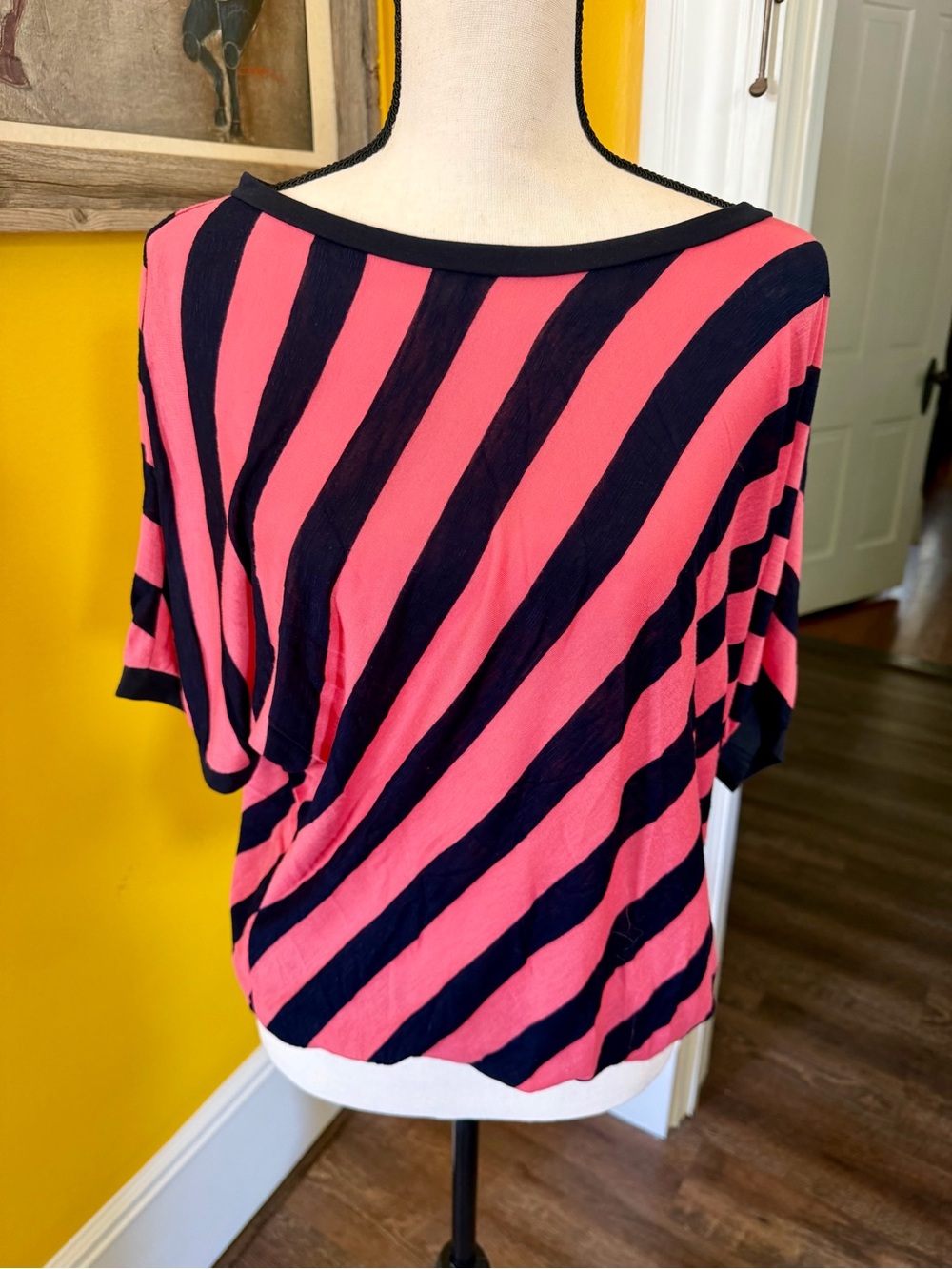 Chris & Carol Pink and Black Diagonal Stripe Boatneck Top